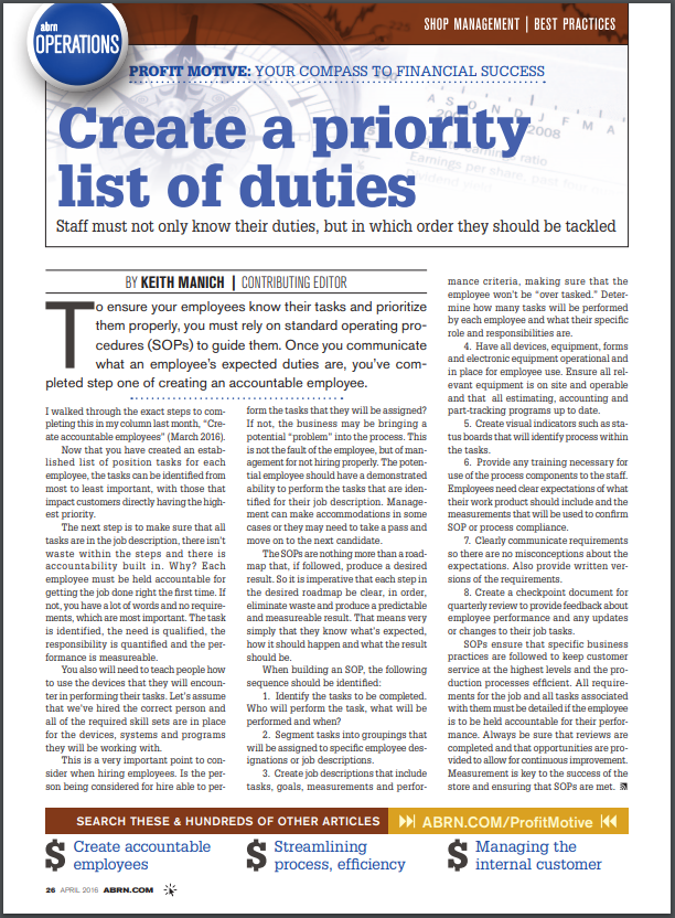 Create a Priority List of Duties, ABRN article by Keith Manich, ATI Director, Collision Services